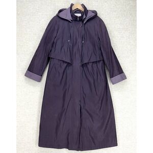 Worthington Trench Coat Womens 14 Purple Hooded Long Zip Front Removable Liner